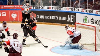 The moment in the final minute, when Sparta Praha was eliminated: Mika Pyorala scores for Oulu. Karpat Oulu/Champions Hockey League via Getty Images