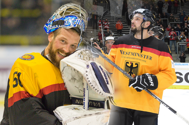 Timo Pielmeier und Thomas Oppenheimer im Trikot der Deutschen Eishockey Nationalmannschaft (Fotos: Udo Rimmelspacher & City Press)