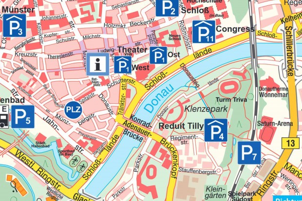 Die Grafik zeigt Parkmöglichkeiten in Nähe der Saturn Arena (in der Karte rechts mittig). Grafik: © 2017 Amt für Verkehrsmanagement und Geoinformation