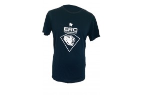 einfaches, blaues T-Shirt mit weißem Logo auf der Brust einfaches, blaues T-Shirt mit weißem Logo auf der Brust