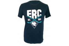 blaues T-Shirt mit weißem Schriftzug ERC und blauen Crosssticks in 3D-Optik. blaues T-Shirt mit weißem Schriftzug ERC und blauen Crosssticks in 3D-Optik.