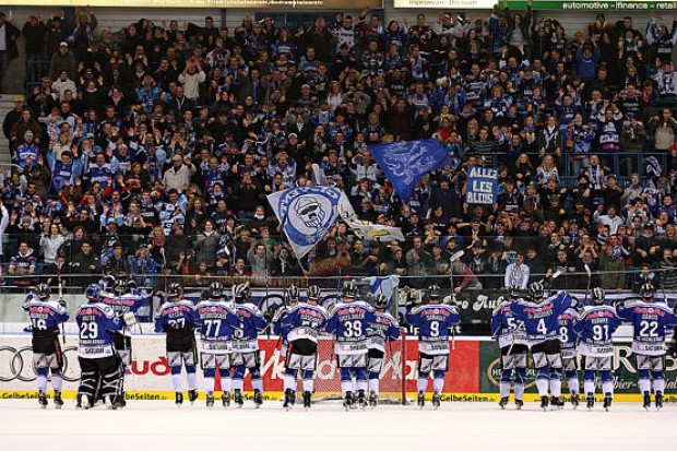 Gemeinsam geht es nach dem Spiel zurück nach Ingolstadt:Pantherfans und Mannschaft. Foto: kbumm