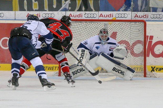Torwart Timo Pielmeier vereitelt in dieser Situation einen Angriff des schnellen Znojmoers Radek Cip. Foto: Jürgen Meyer